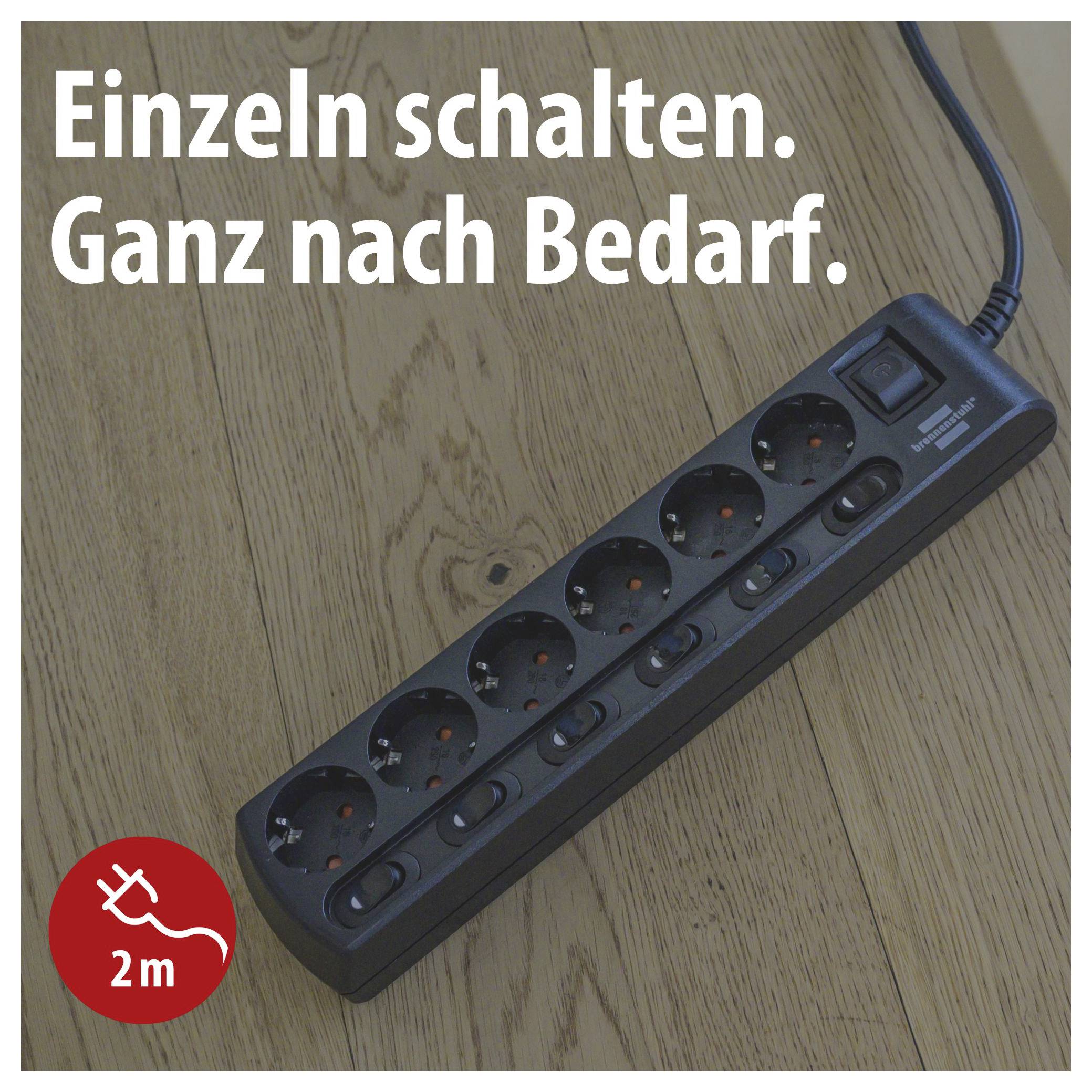 Power strip with individually switchable sockets on wooden floor, text: 'Switch individually. Exactly as needed.' and 2 m cable length.