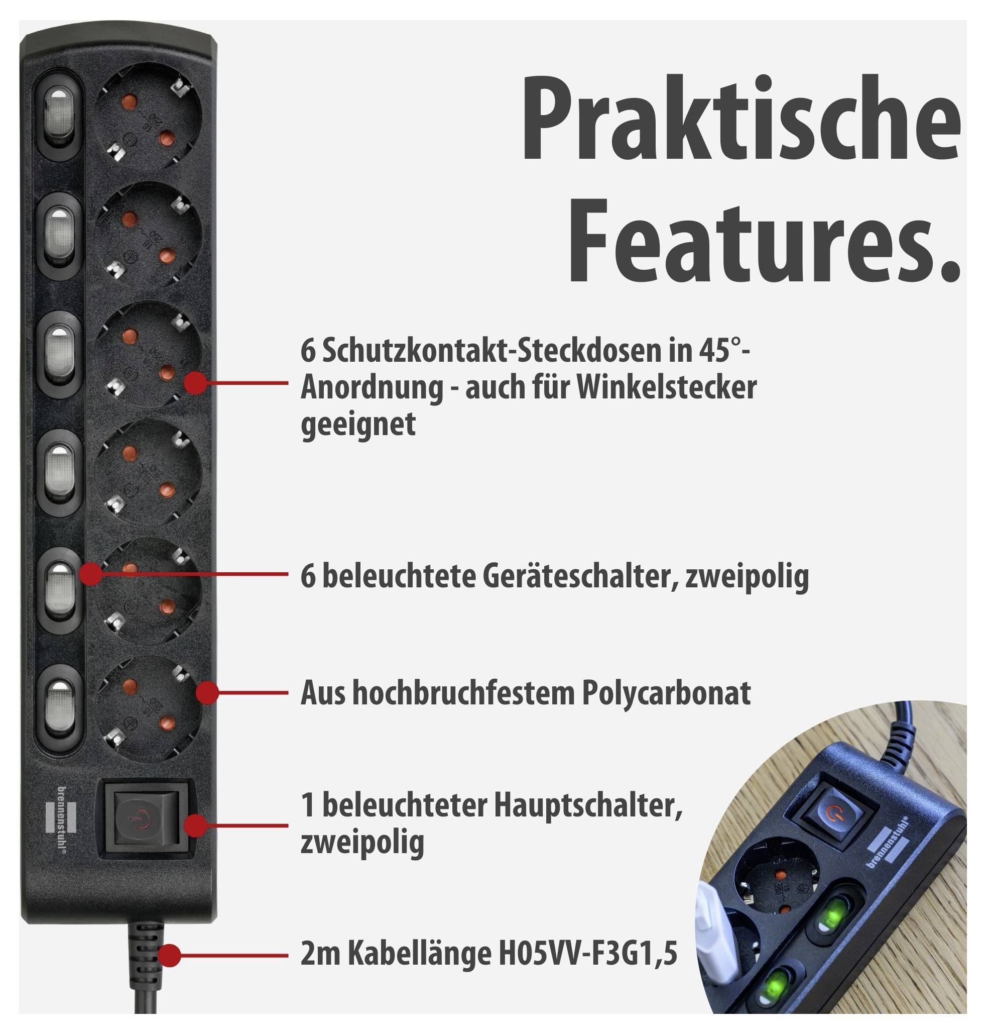 Multiple socket outlet with 6 earthed sockets, 6 illuminated individual switches and master switch; 2 m cable.