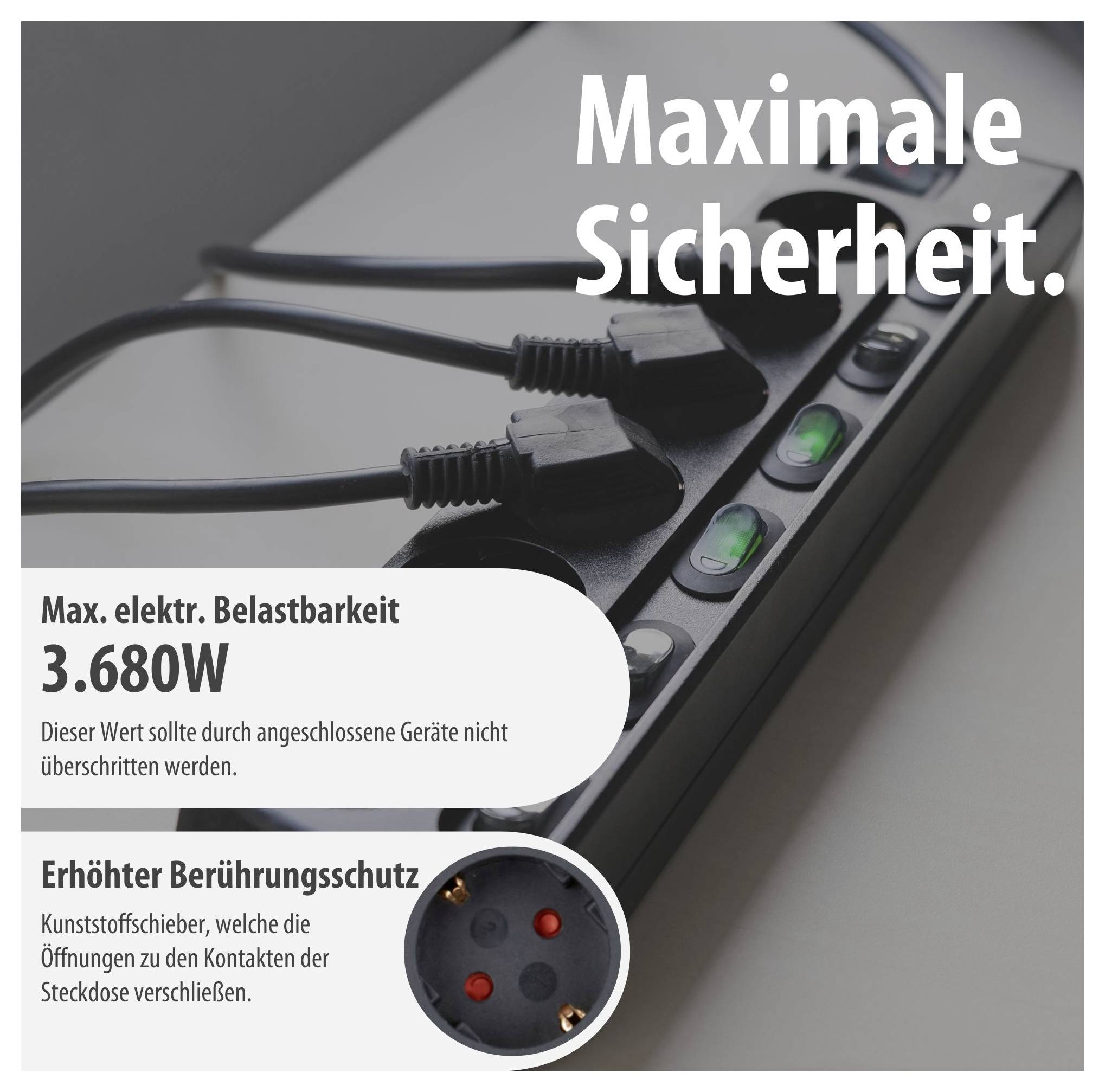 Power extension socket strip with inserted cables, note on 'Maximum Safety' and maximum electrical load capacity of 3,680 W as well as enhanced contact protection.