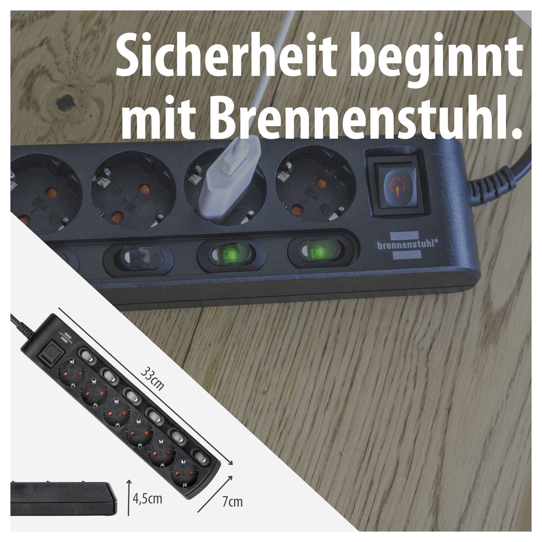 Advertising graphic for a Brennenstuhl power strip with switch and protective functions; Text: 'Safety begins with Brennenstuhl.'