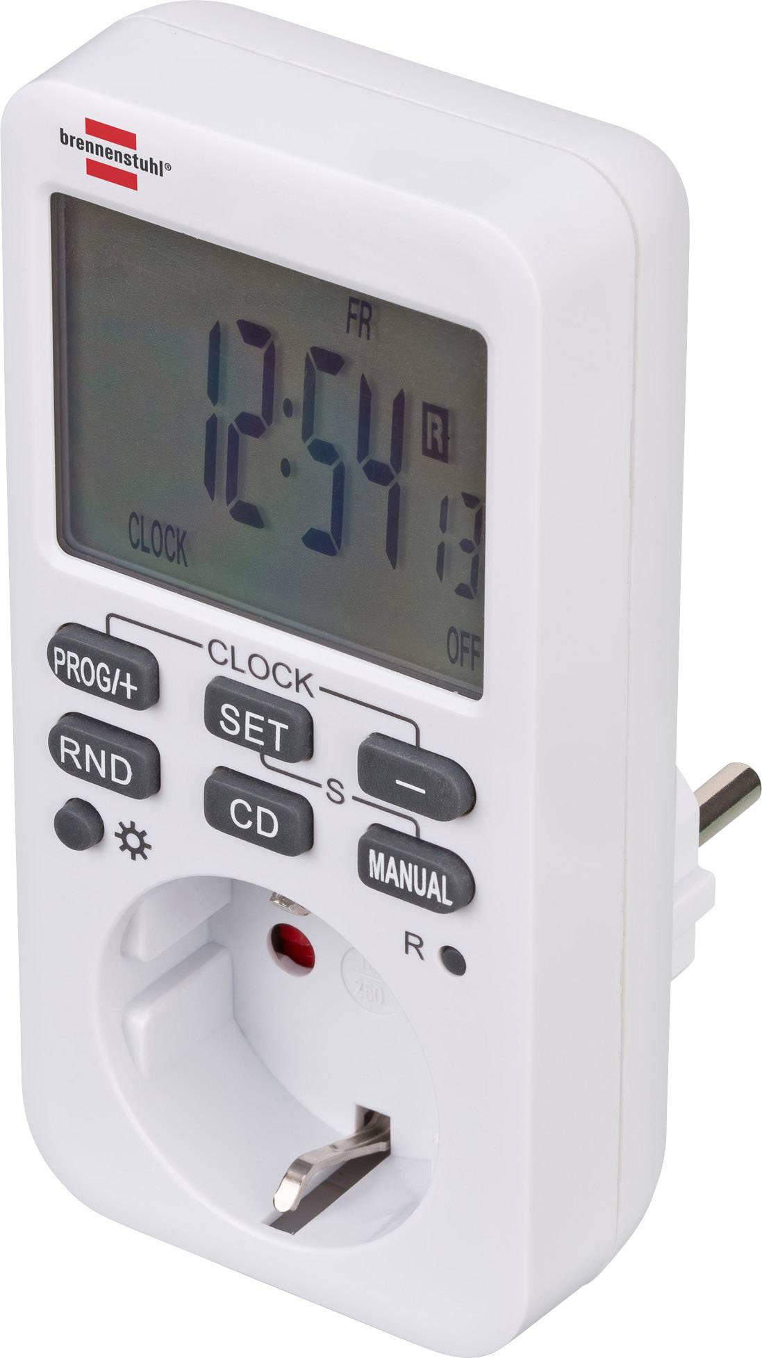 Electronic time switch with display, showing 12:54. Control buttons on the front for programming and operation. Plug insert available.