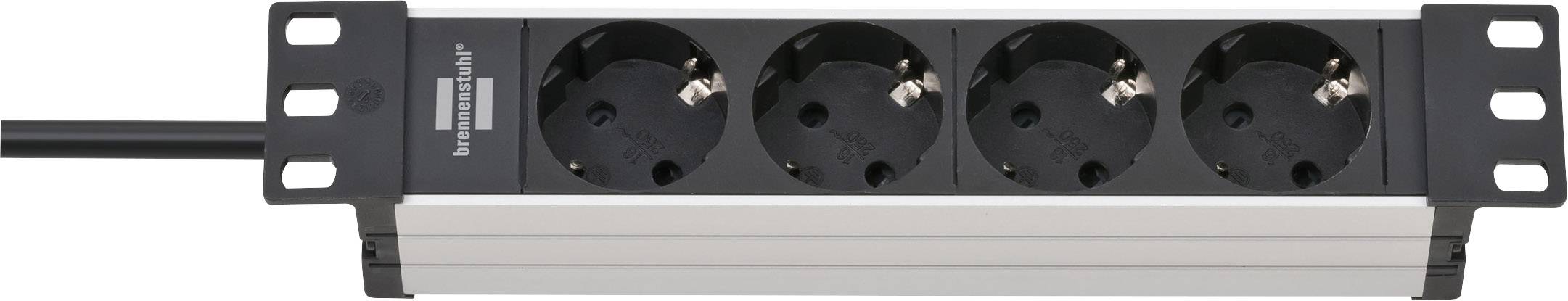Four-way extension socket with black cable and silver casing, suitable for indoor use.