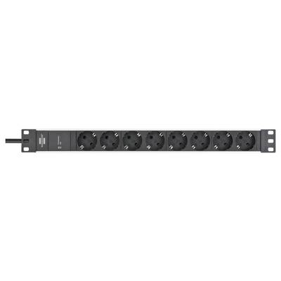 Black rack-mounted power strip with 8 European outlets and a left-side switch/indicator, shown horizontally.