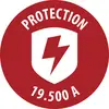 Red circular protection badge with a white shield and lightning bolt, labeled 'PROTECTION' and '19.500 A'.<br>
