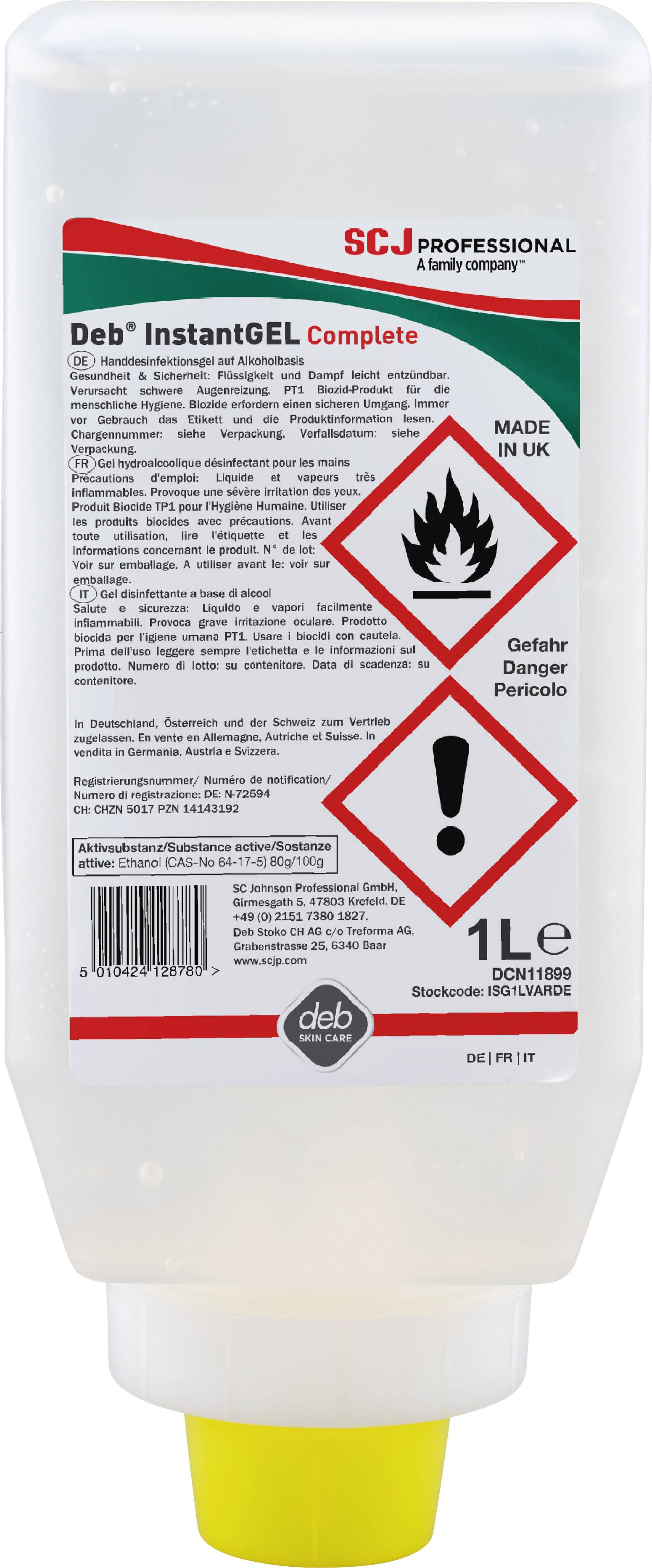 Hand sanitiser in a plastic bottle with a 1-litre capacity. Information on flammability and hazards. Manufactured in Great Britain.