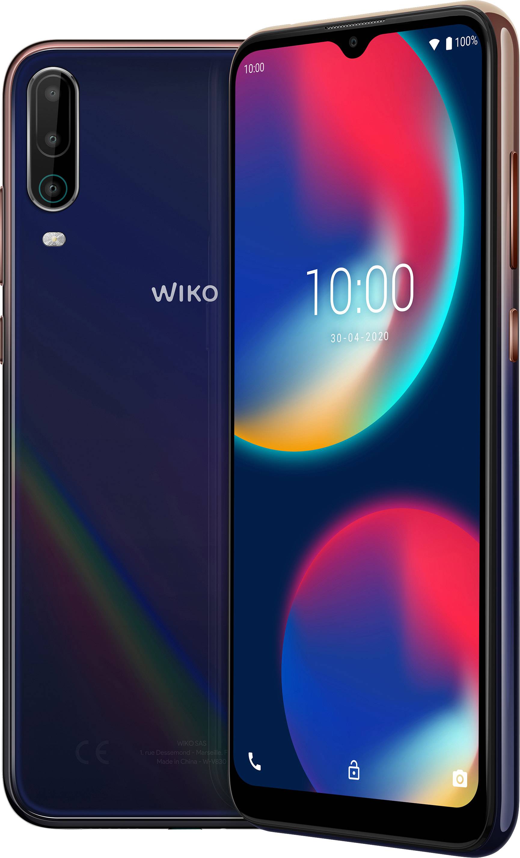 A modern smartphone by Wiko with a black back and front, displaying a colourful screen and the time '10:00'.
