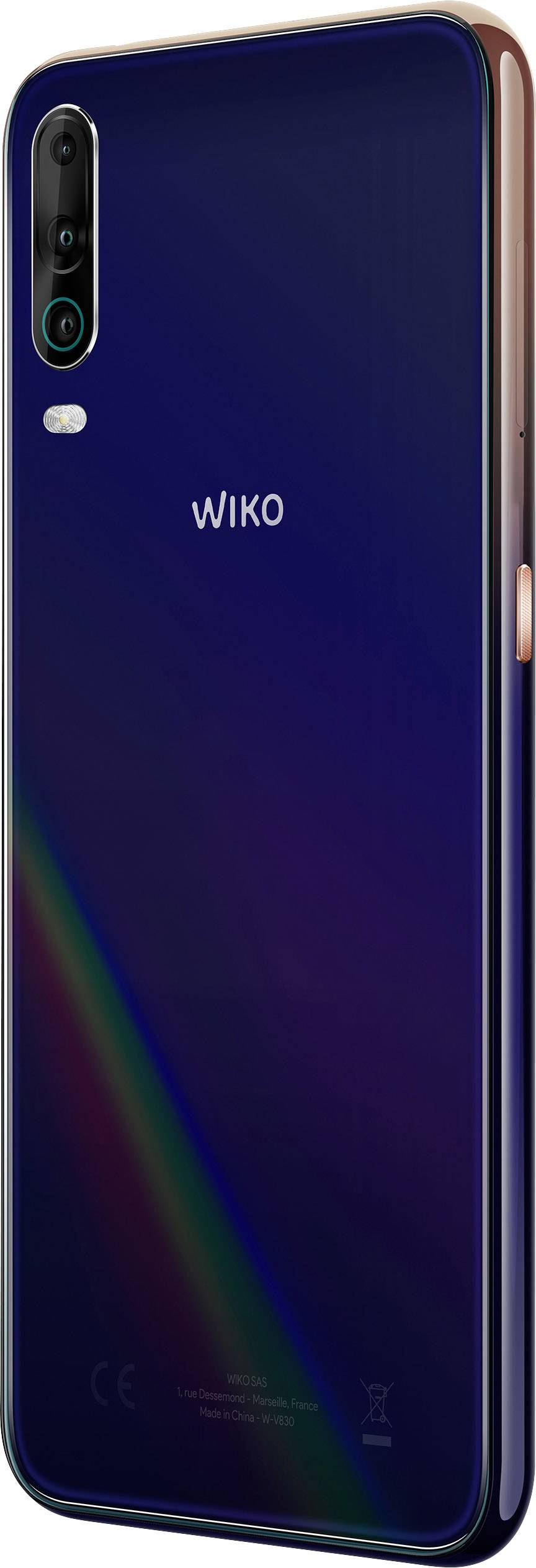 A blue smartphone viewed from the back, featuring a vertical dual camera in the top left corner and a subtle rainbow effect on the rear surface.