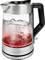 A glass kettle with stainless steel elements, red illumination, and visible boiling water.