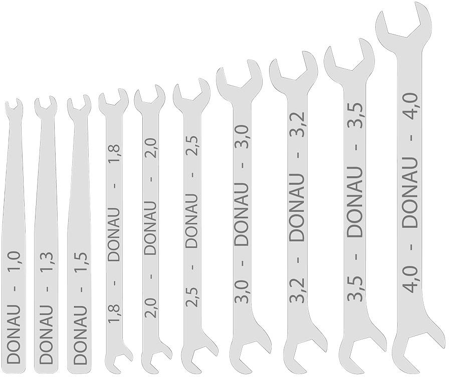 Ten spanners in ascending sizes from 1.0 to 4.0 mm with the inscription 'Donau'. They are arranged in a line.