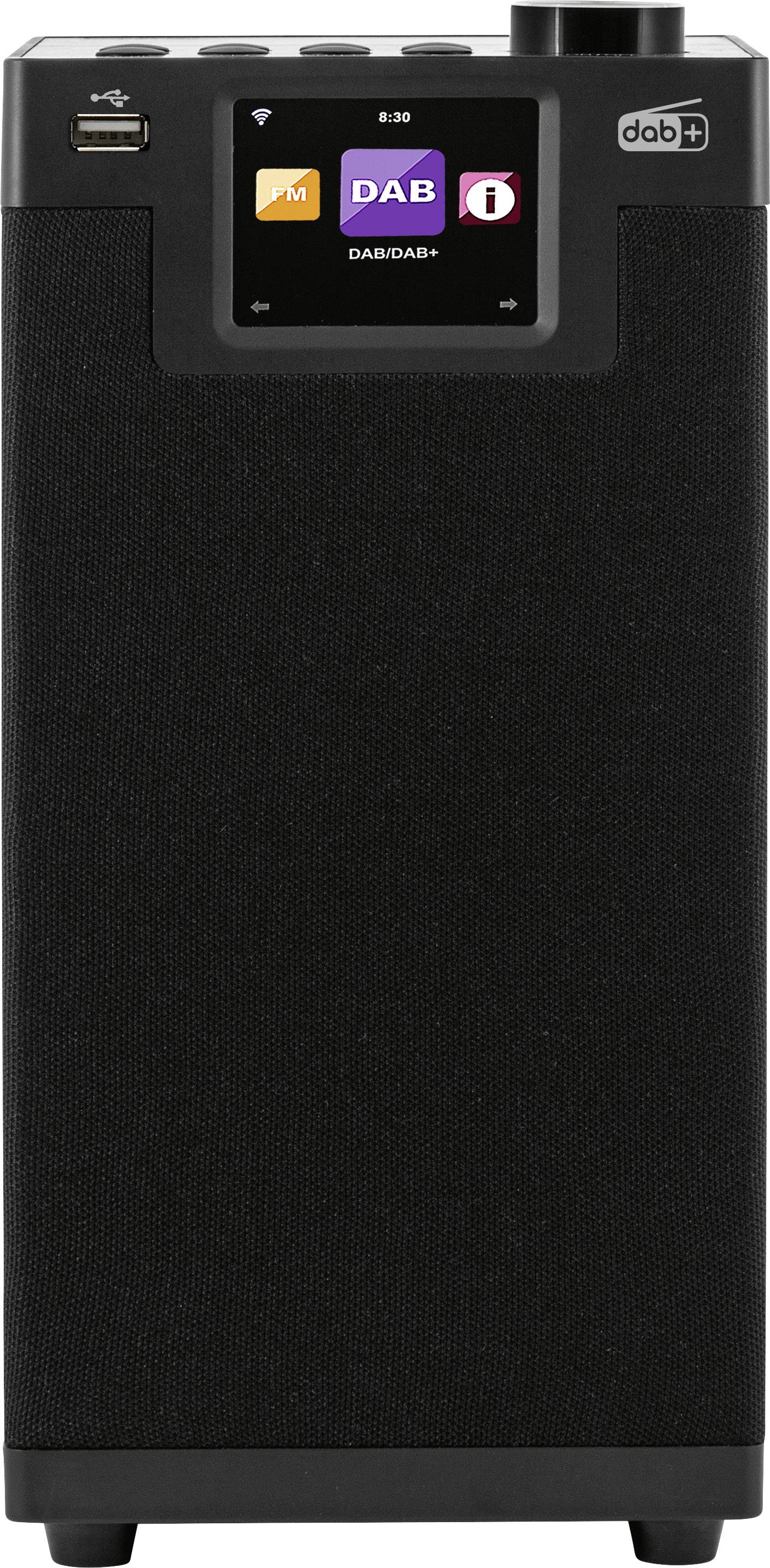 Black DAB+ radio with a small display at the top, showing station information. Compact design with control buttons and a USB port.