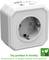 White smart plug with energy-saving function, green symbol with leaf motif, text 'Avoiding unnecessary standby power consumption'.