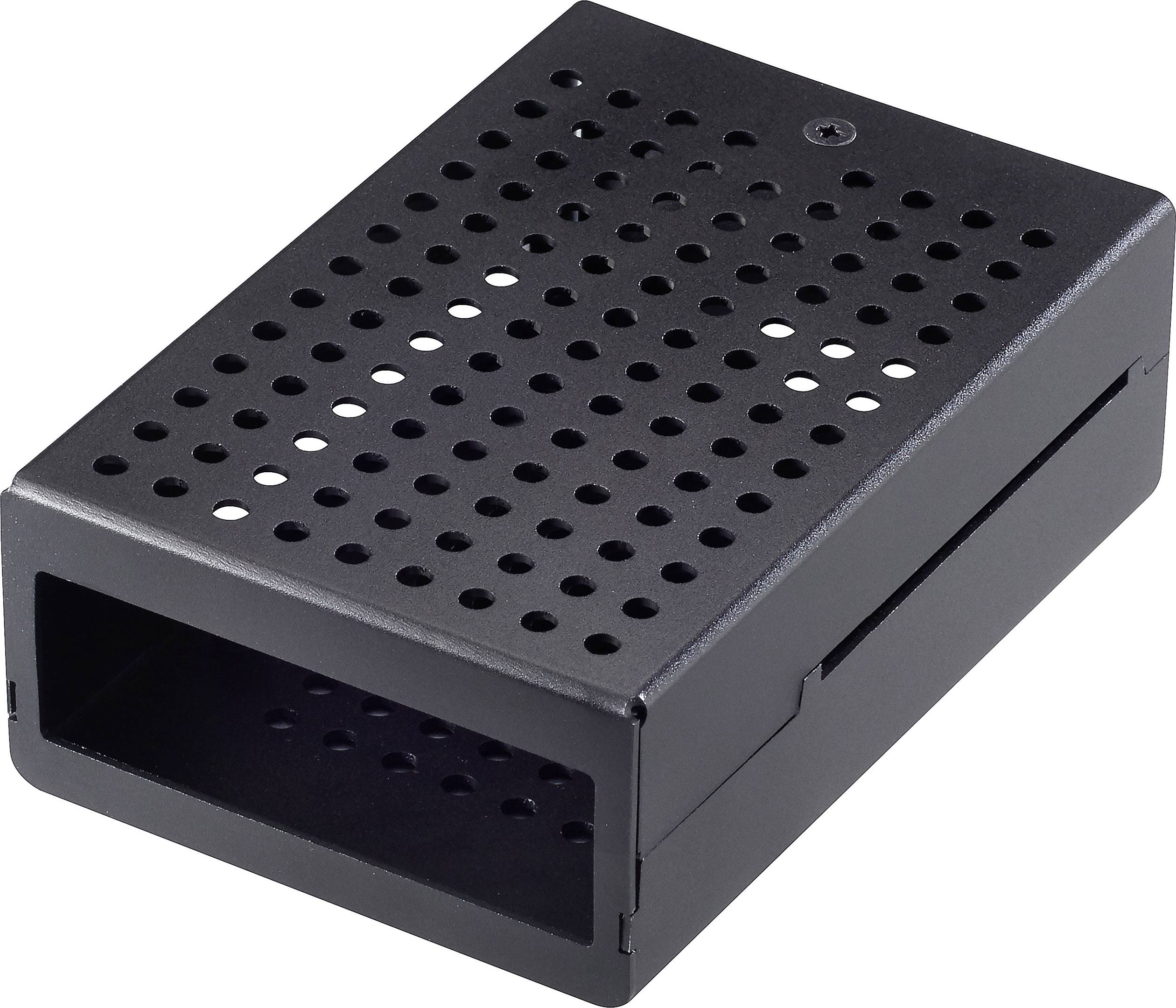 A rectangular, black, perforated enclosure, presumably for ventilation, for electronic devices or components.