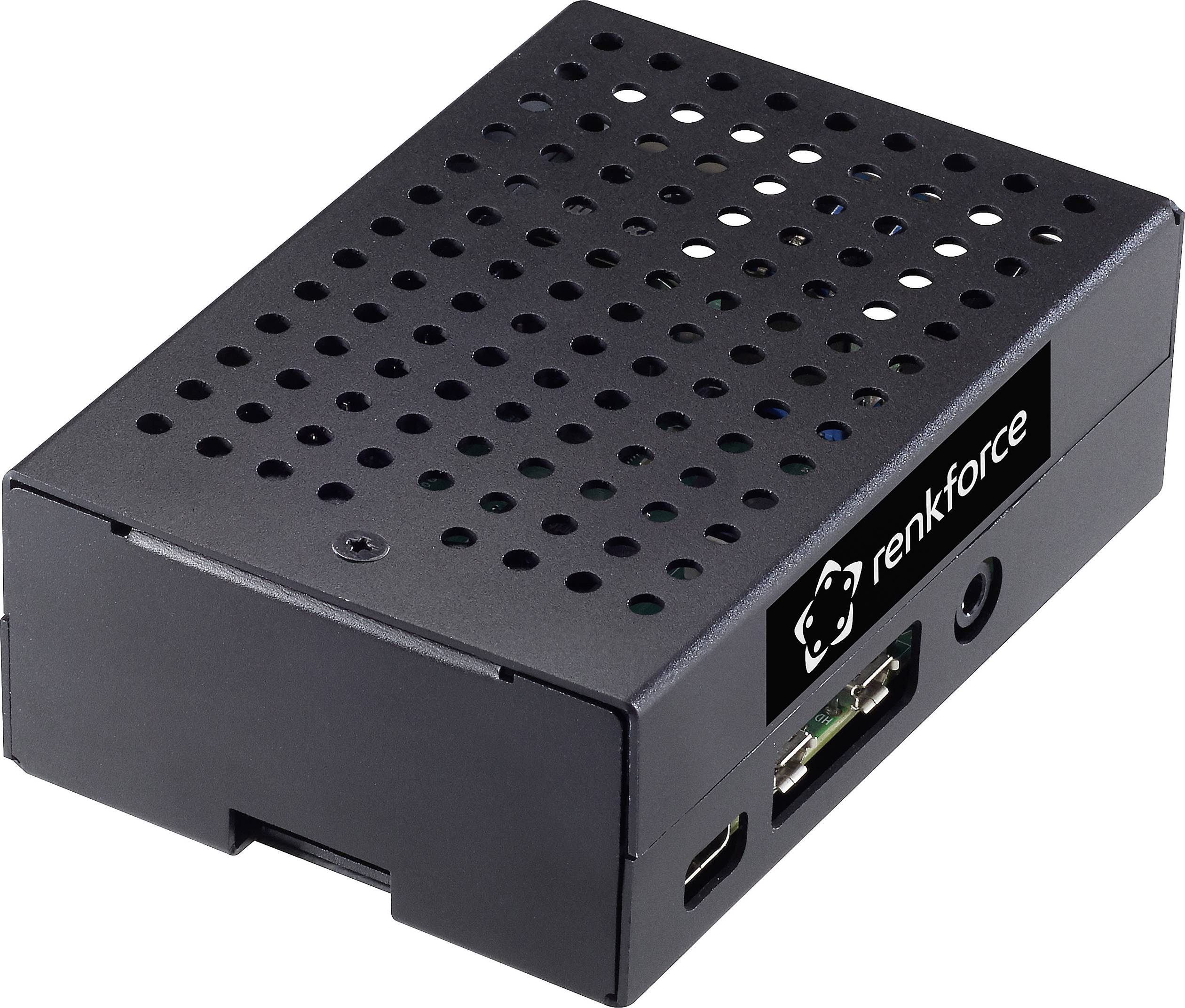 Black, perforated enclosure with the 'renkforce' logo for small electronic devices, showing connections on the side.