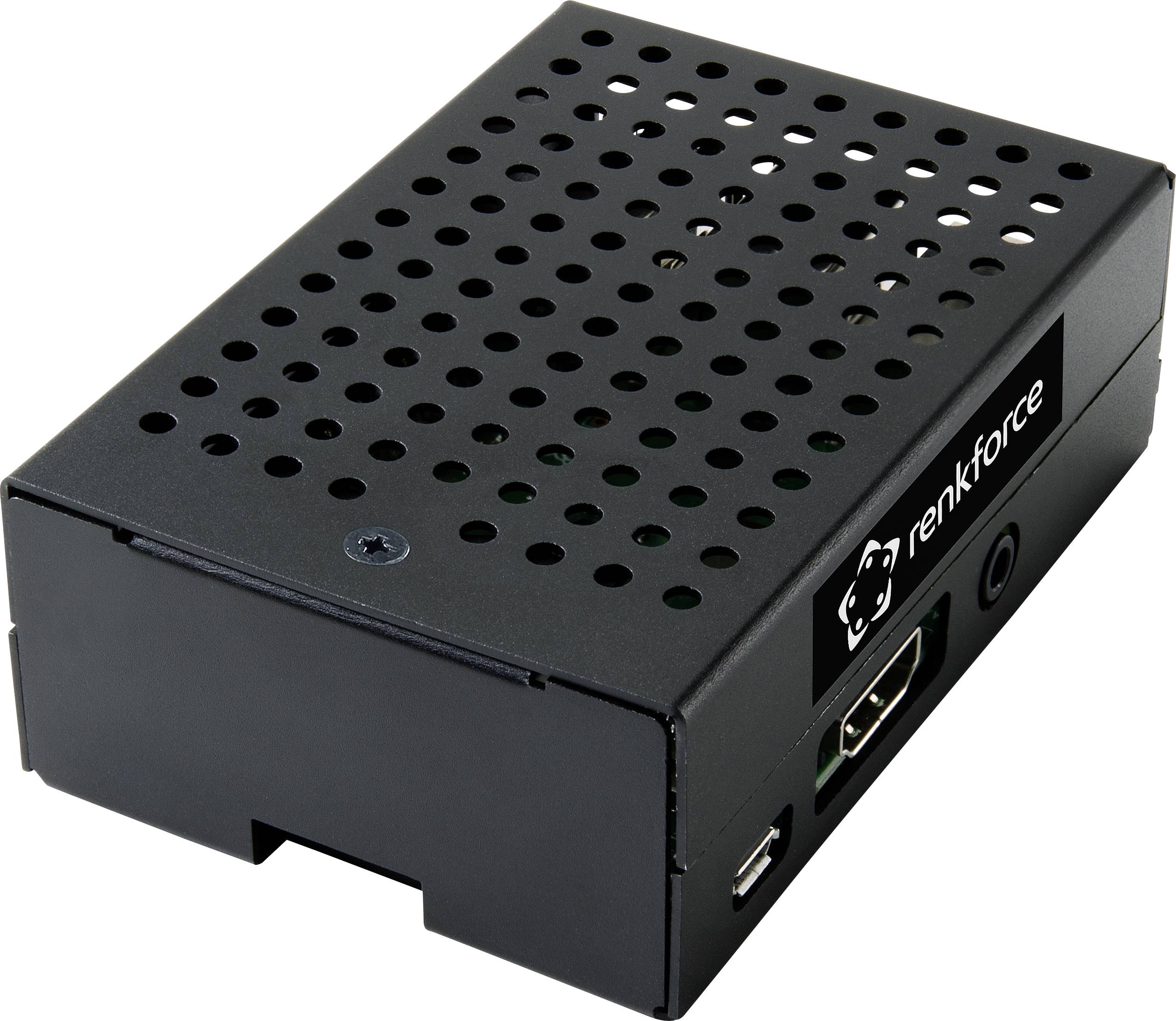 A black, rectangular electronics enclosure with ventilation slots and a 'Renkforce' logo.