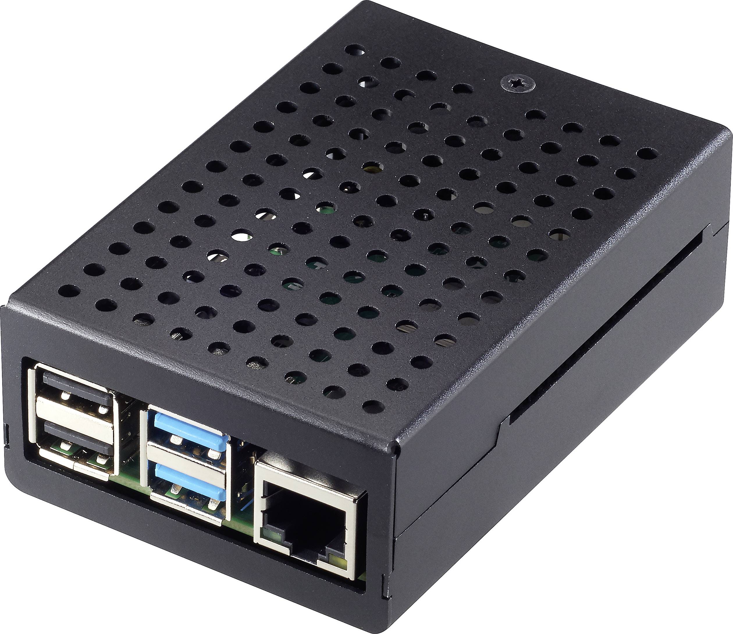 Black, ventilated housing of a mini-computer with multiple USB ports and an Ethernet port on the front panel.
