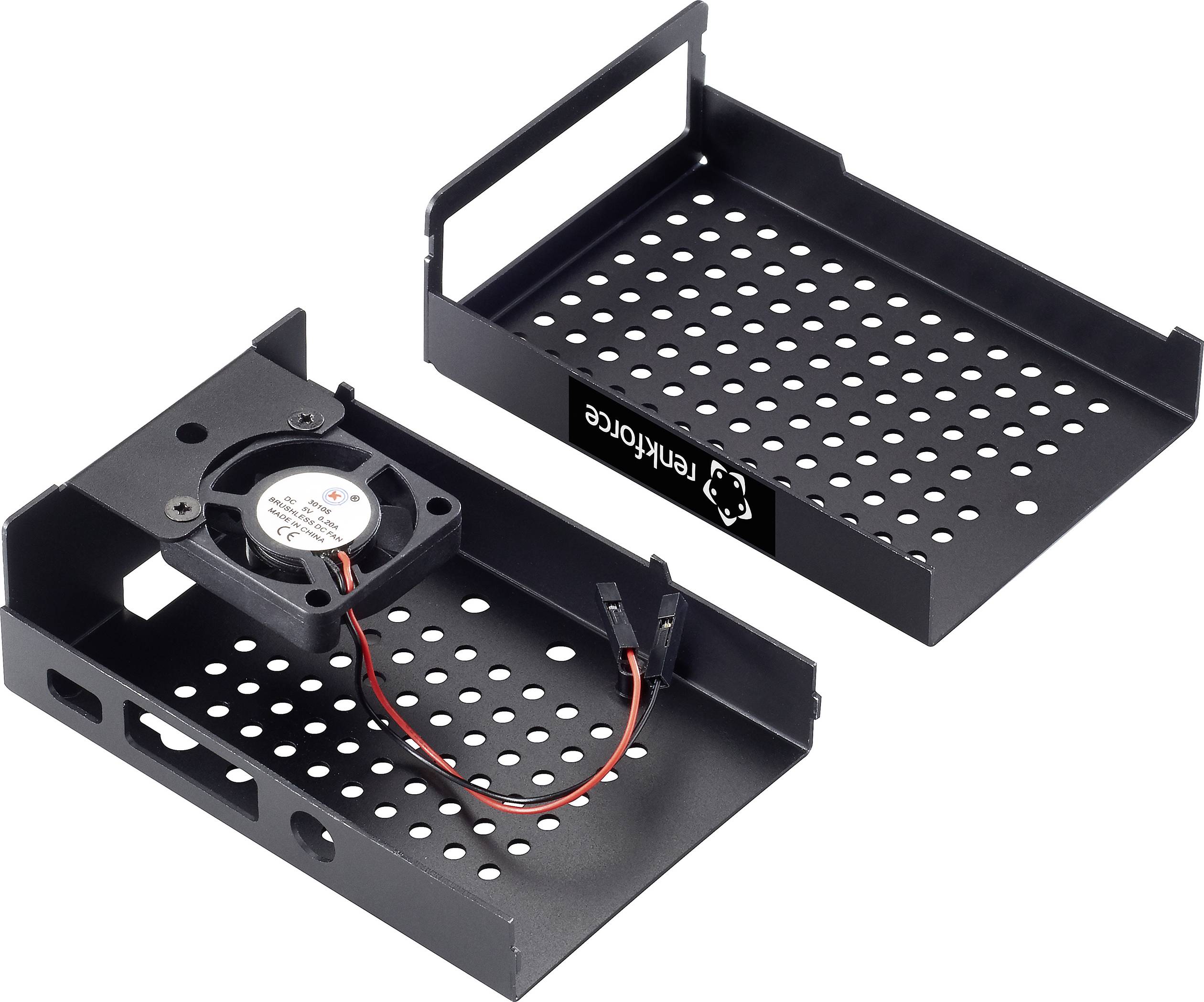 Two black metal hard drive brackets with ventilation holes, one with an integrated fan, the other without.