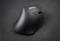 Black ergonomic vertical mouse on a grey background, with two main buttons and a scroll wheel. Brand name visible at the top.