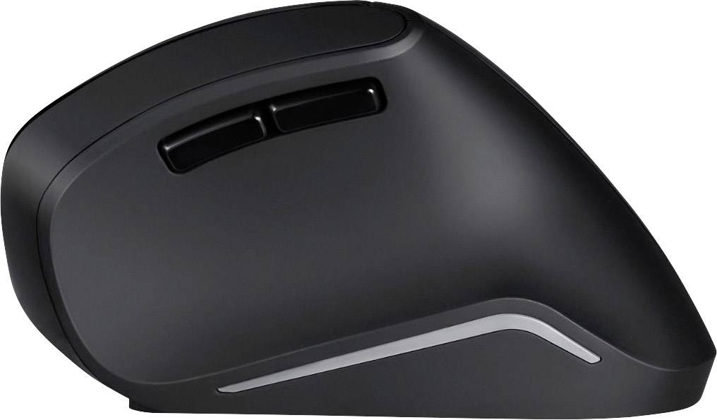 Ergonomic black computer mouse with a slightly angled shape, two side buttons, and a subtle silver accent on the underside.