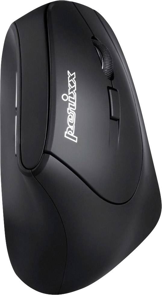 Black, ergonomic computer mouse with vertical design, logical button layout and lightly textured scroll wheel for comfortable use.