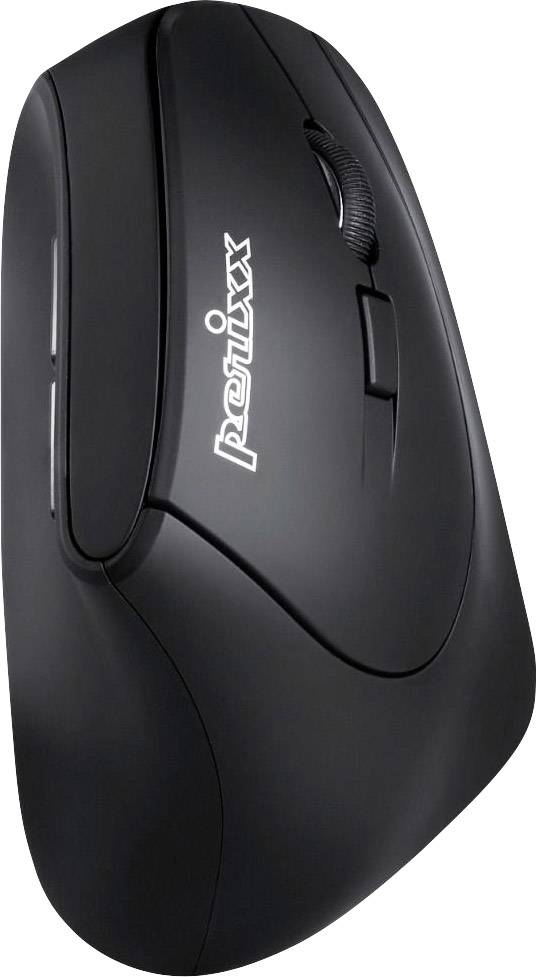 Black ergonomic computer mouse with vertical design and scroll wheel. Suitable for comfortable computer work.