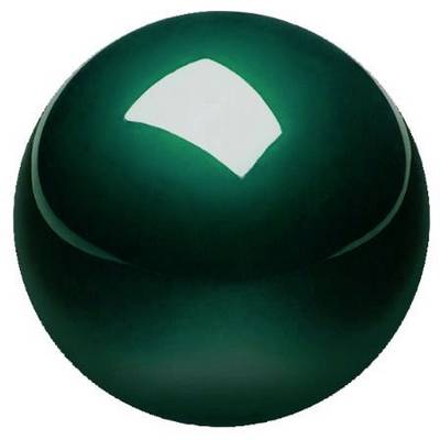 A gleaming, dark green sphere with a bright light reflection on its surface.