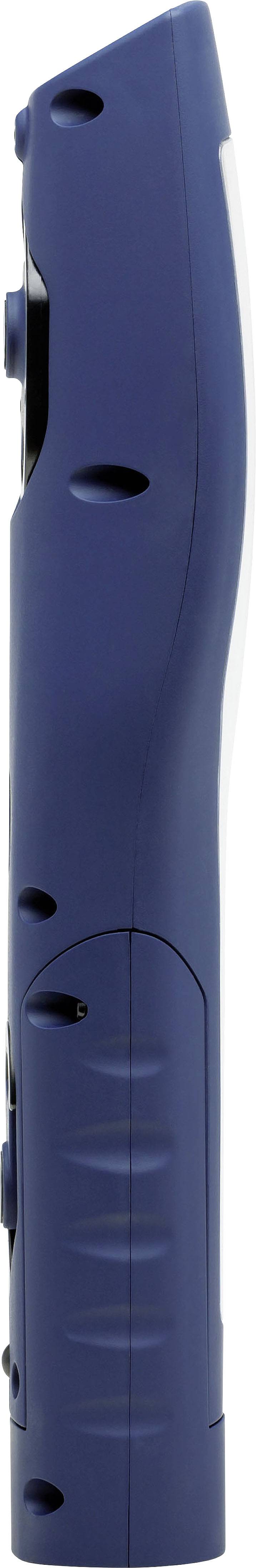Side view of a blue, vertical device with rounded edges and multiple buttons.