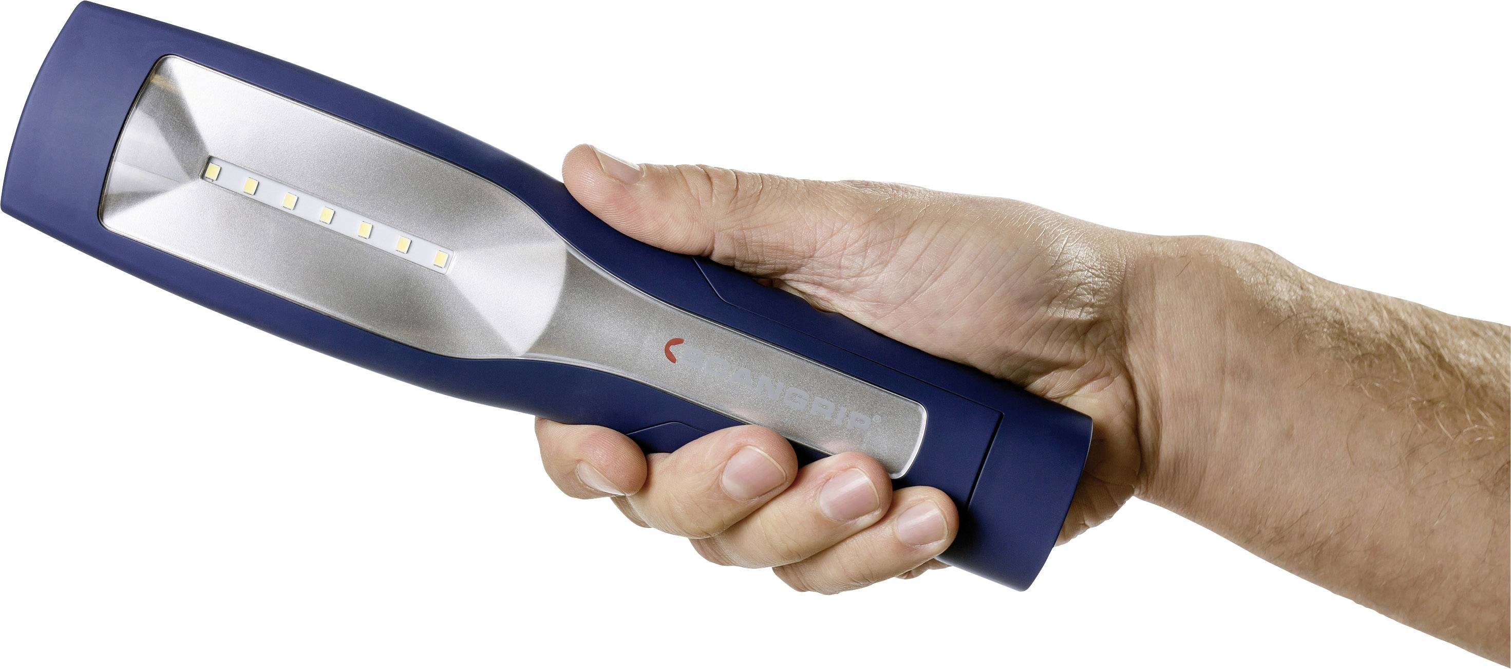 A hand is holding a blue torch with LED lights in a sleek design, ready for use.