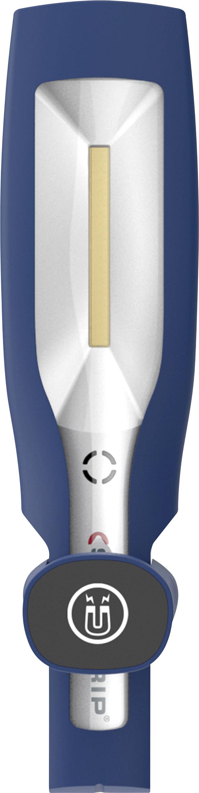 A blue and white electrical device with a gold-coloured element in the centre and a round button at the bottom end.