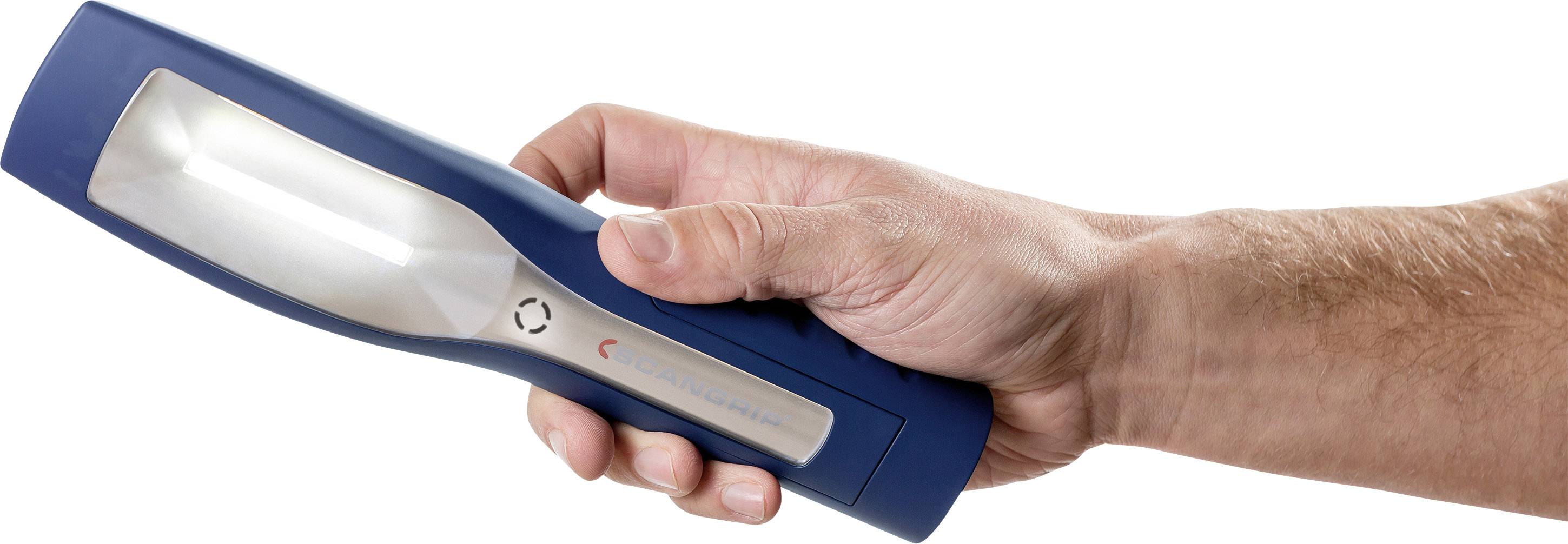 A hand holding a blue torch from the side view.