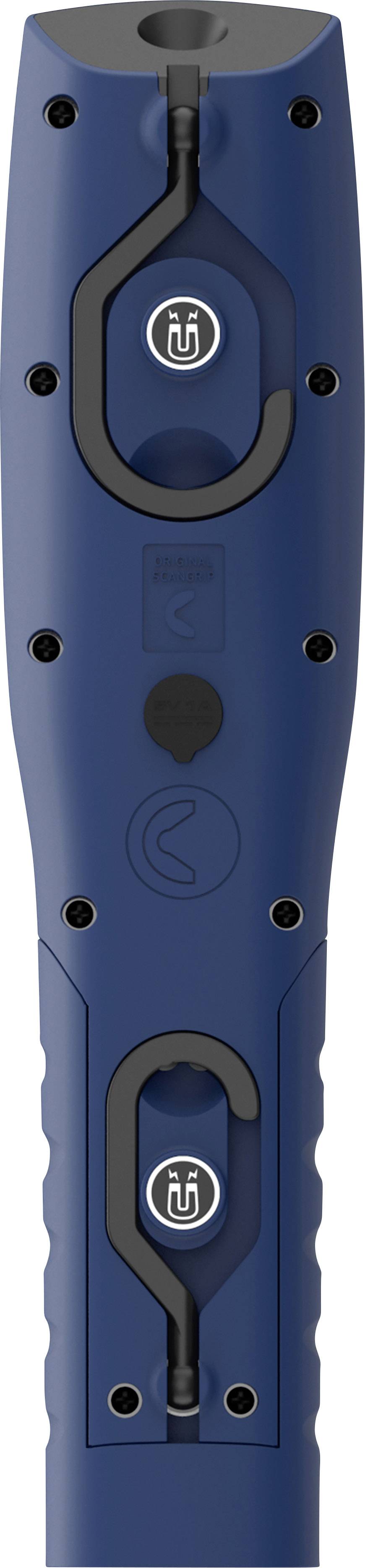 Electronic device in blue with ticks and symbols; likely used as a tool or charging station.
