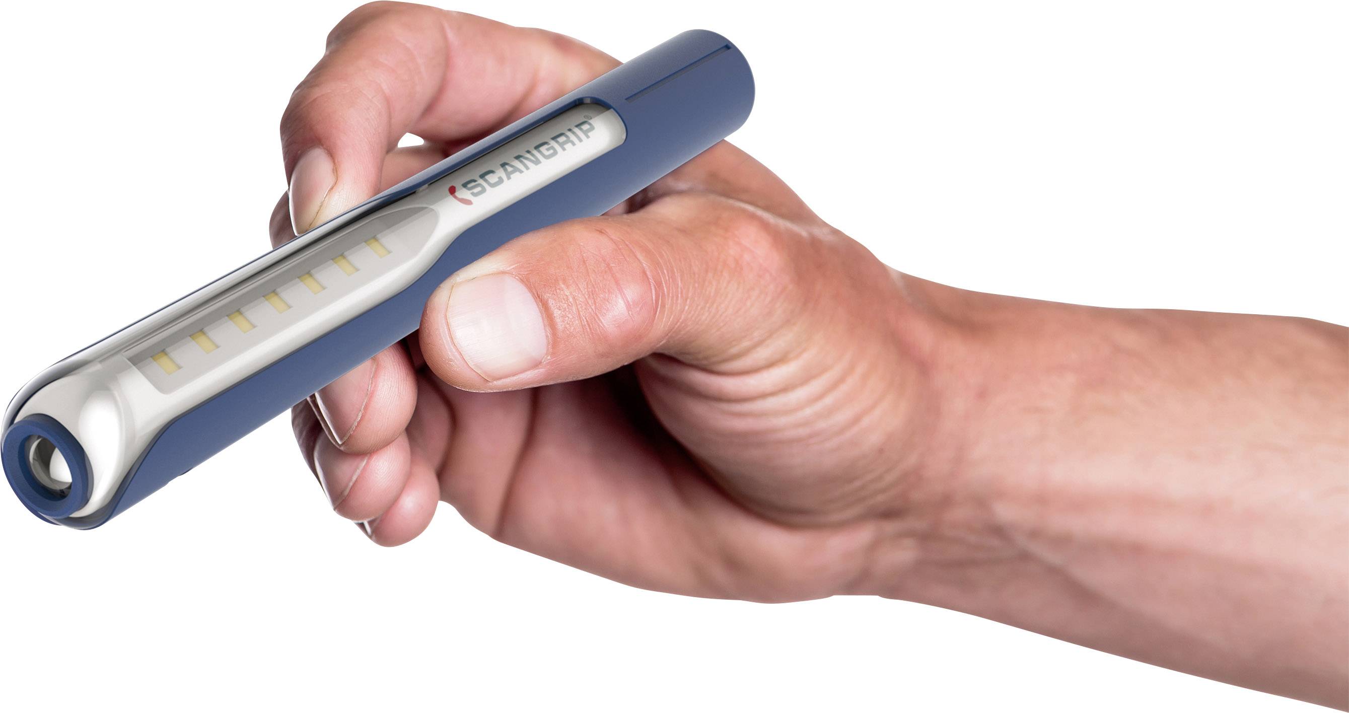 A hand is holding a pen-like scanner, which is clearly used for digitally capturing text or codes.