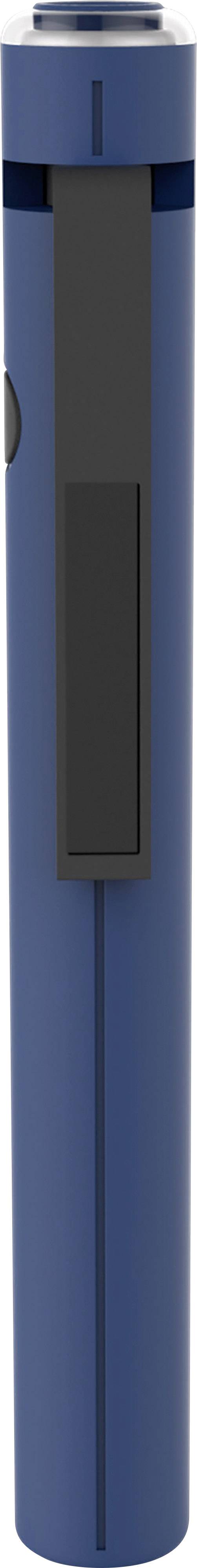 A blue pen with a black clip, positioned vertically. Simple design without visible markings or text.