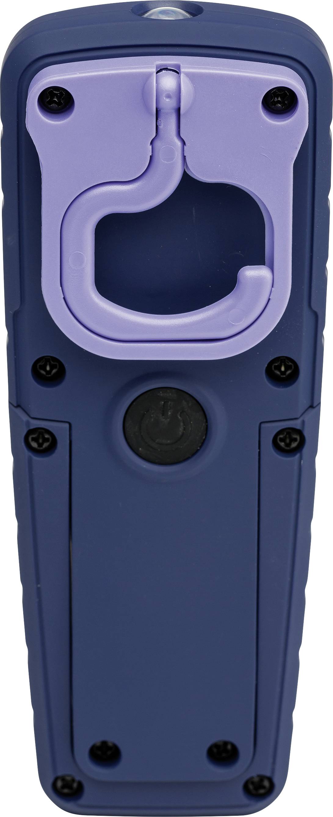 'Back of a blue hand device with a purple hook and black button. Six black screws are visible.'