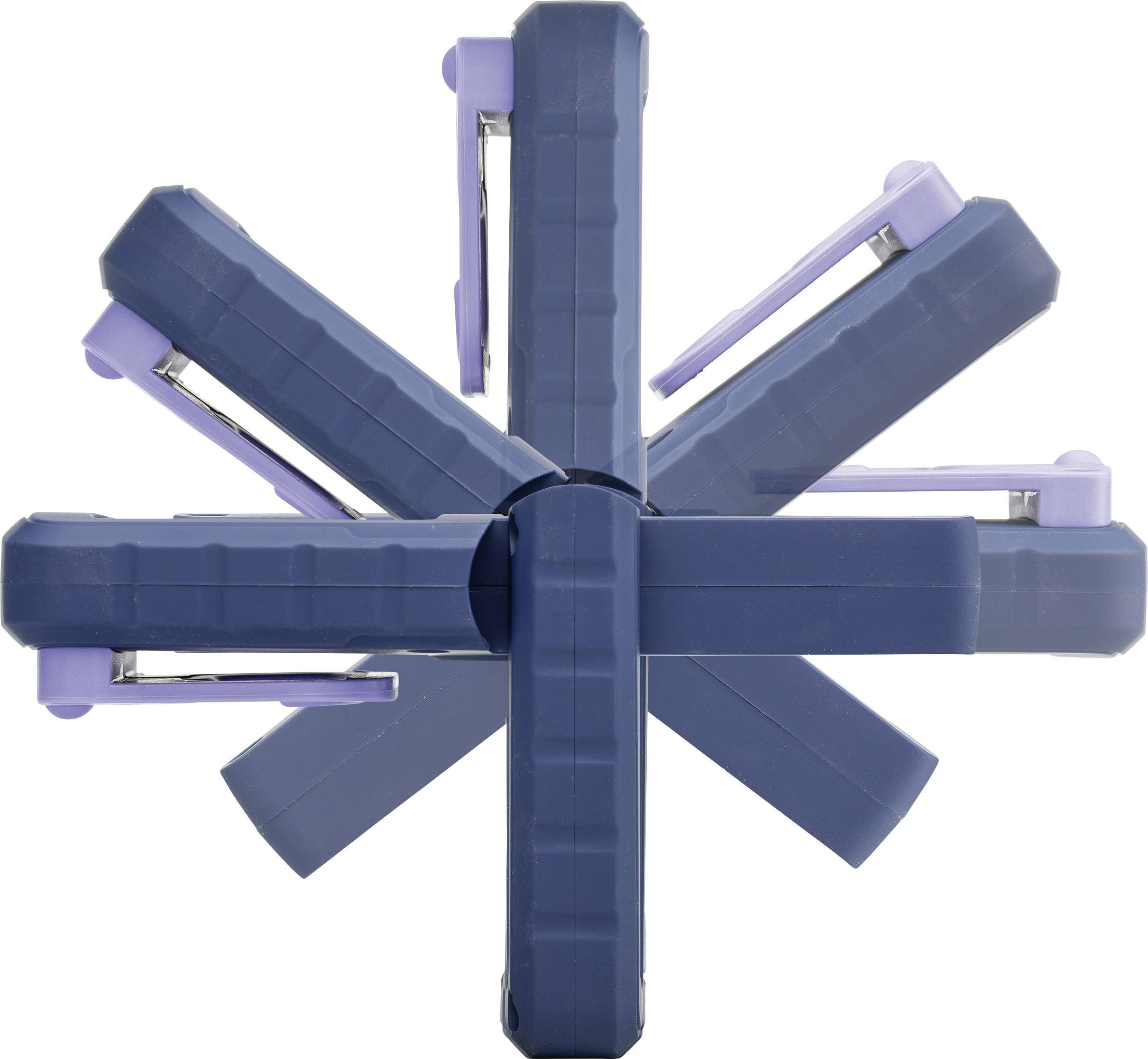 Blue, six-part rotating ring composed of rectangular and purple metal components. Geometrically arranged, appearing technical and modern.