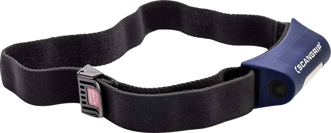 A black head torch with an adjustable strap and blue casing, with 'Scangrip' written on it. Suitable for hands-free working.