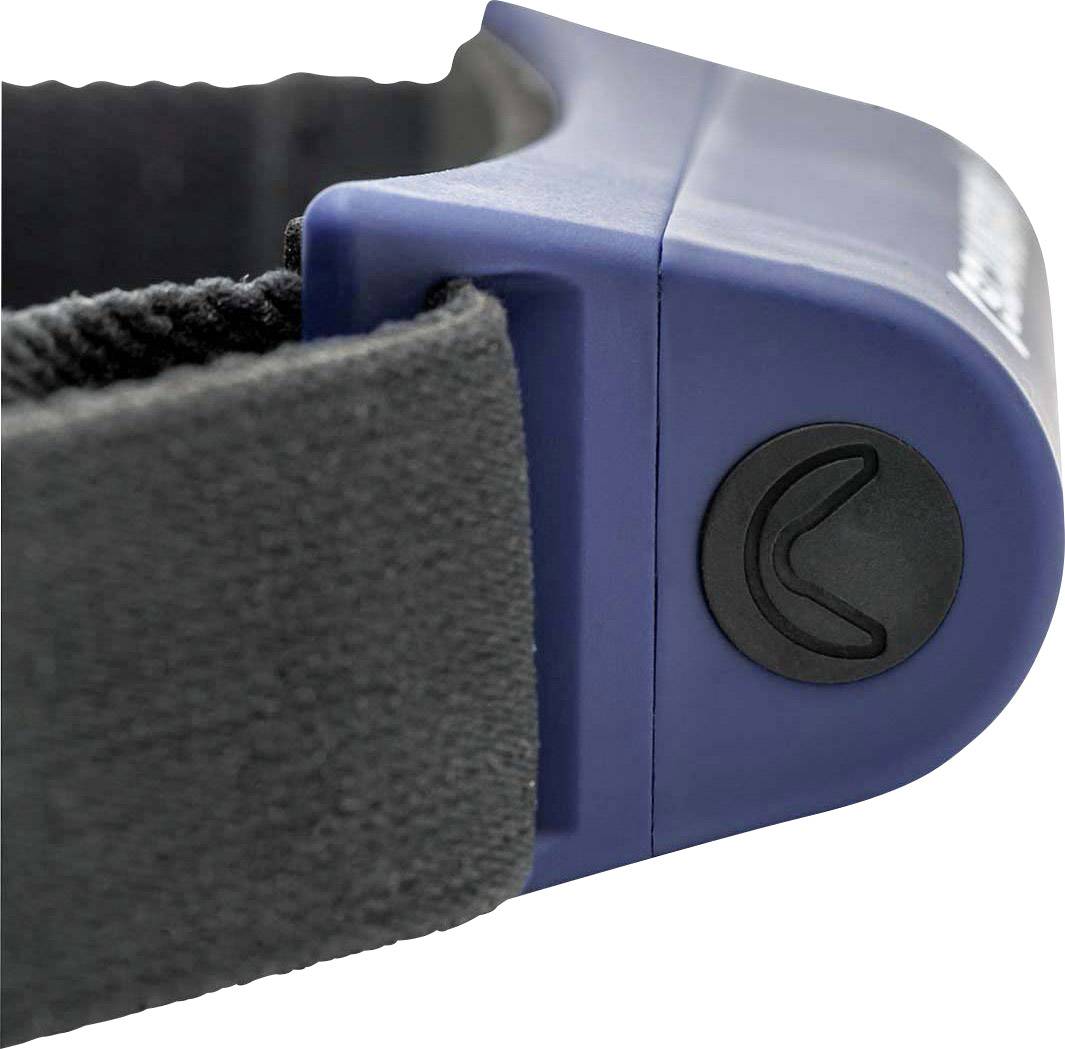 Close-up of a blue plastic locking mechanism with a black fastener on a grey strap.