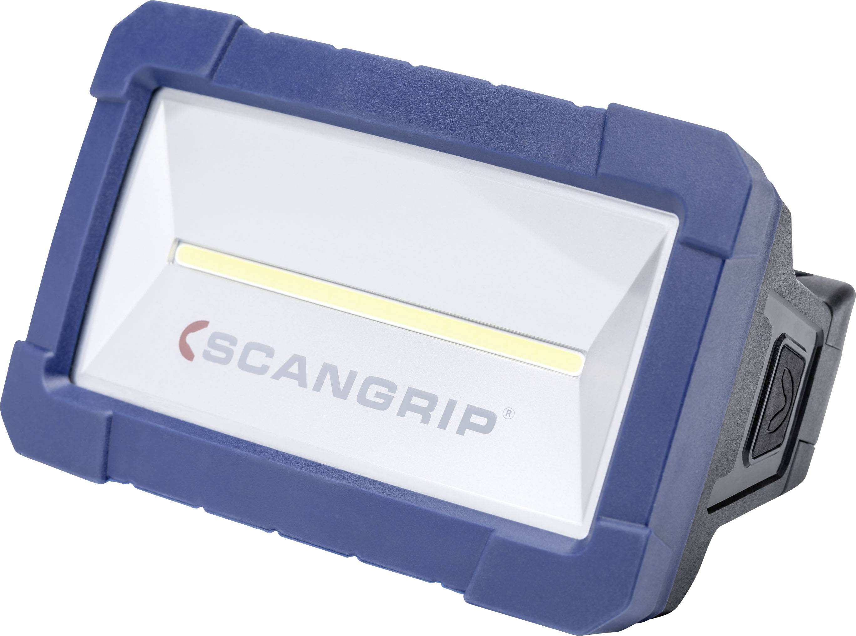 Portable work lamp with a blue protective frame and a switch on the side, marked with 'SCANGRIP' on the front.