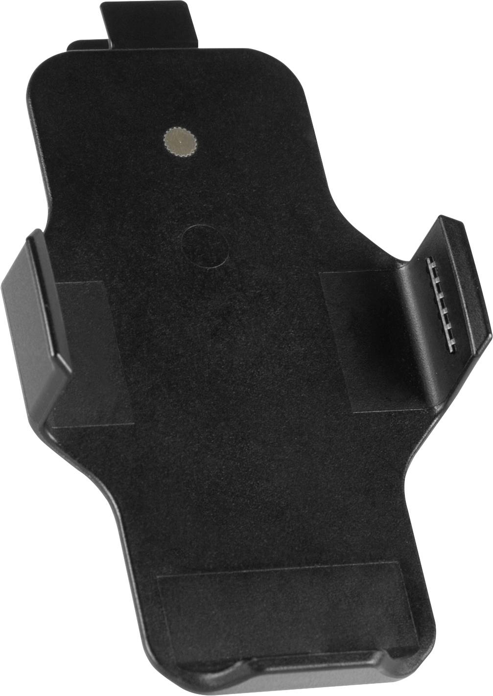 Black, rectangular bracket with side clips for mounting a device. A round metal contact point is located centrally at the top.
