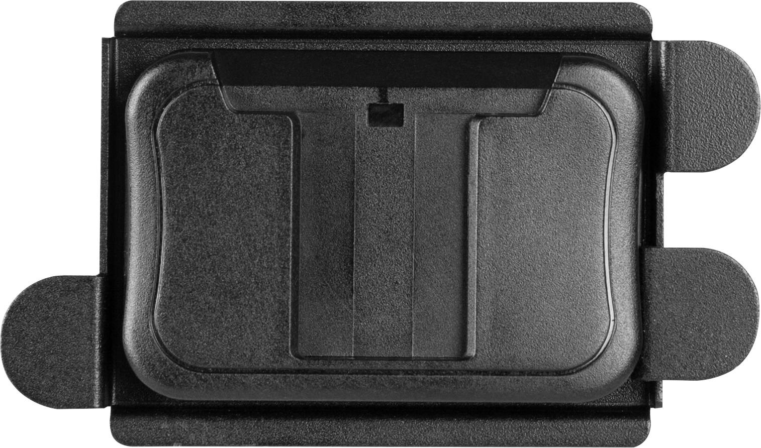 Black, rectangular camera housing cover with side tabs, used to protect the camera opening from dust and damage.