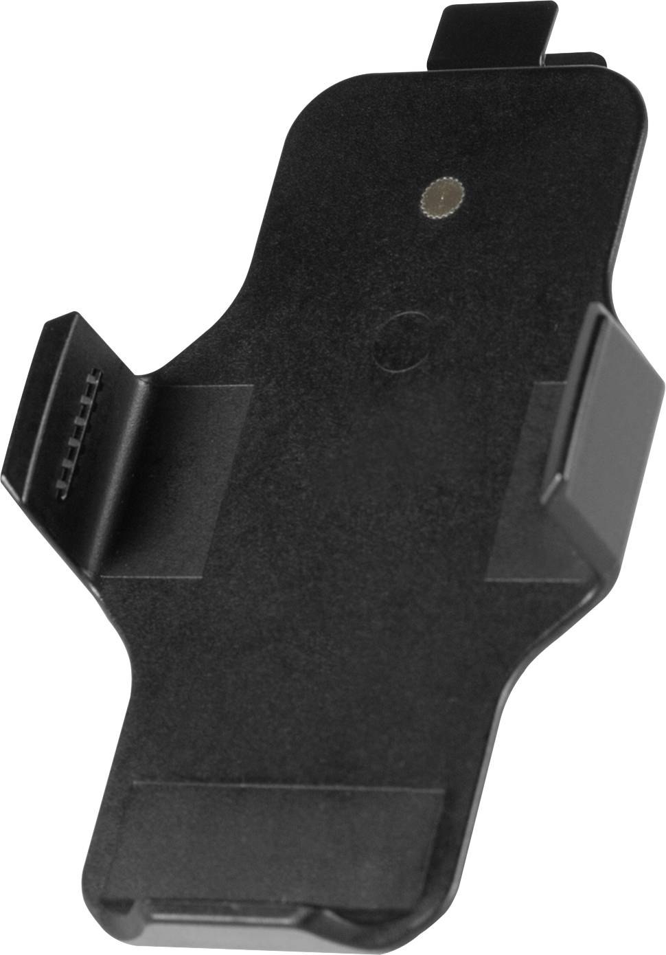 A black mobile device car mount with adjustable clamps, enabling secure attachment to the vehicle dashboard.