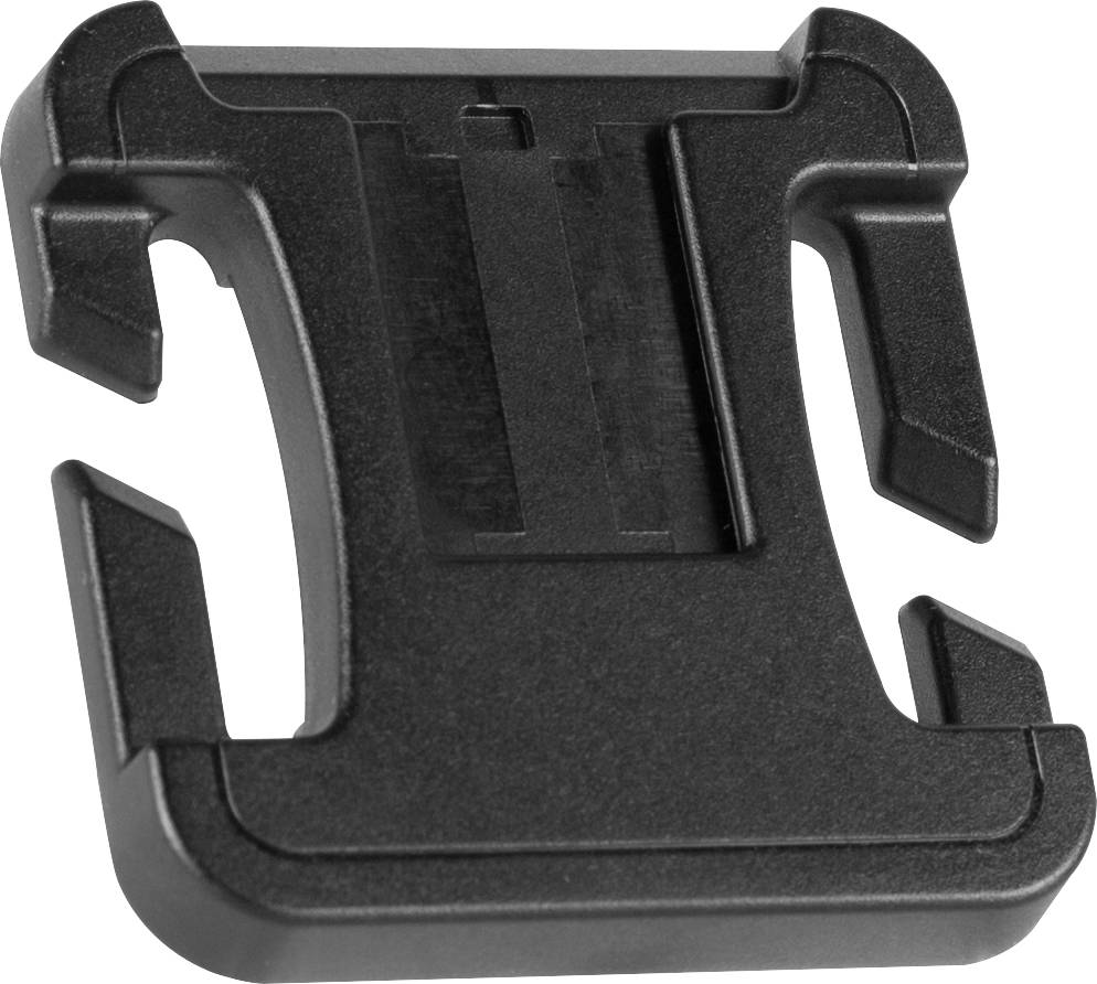 Plastic mounting bracket with four hooks and a central guide rail, likely designed for attachment to another surface.