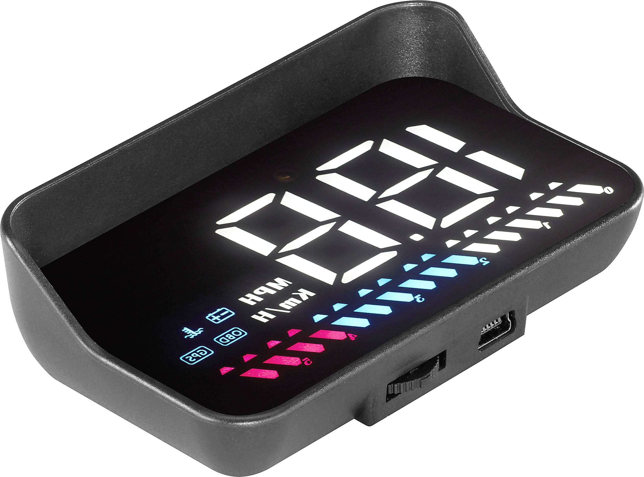 A black head-up display shows white digits '88' for speed in km/h, with blue and red symbols underneath.