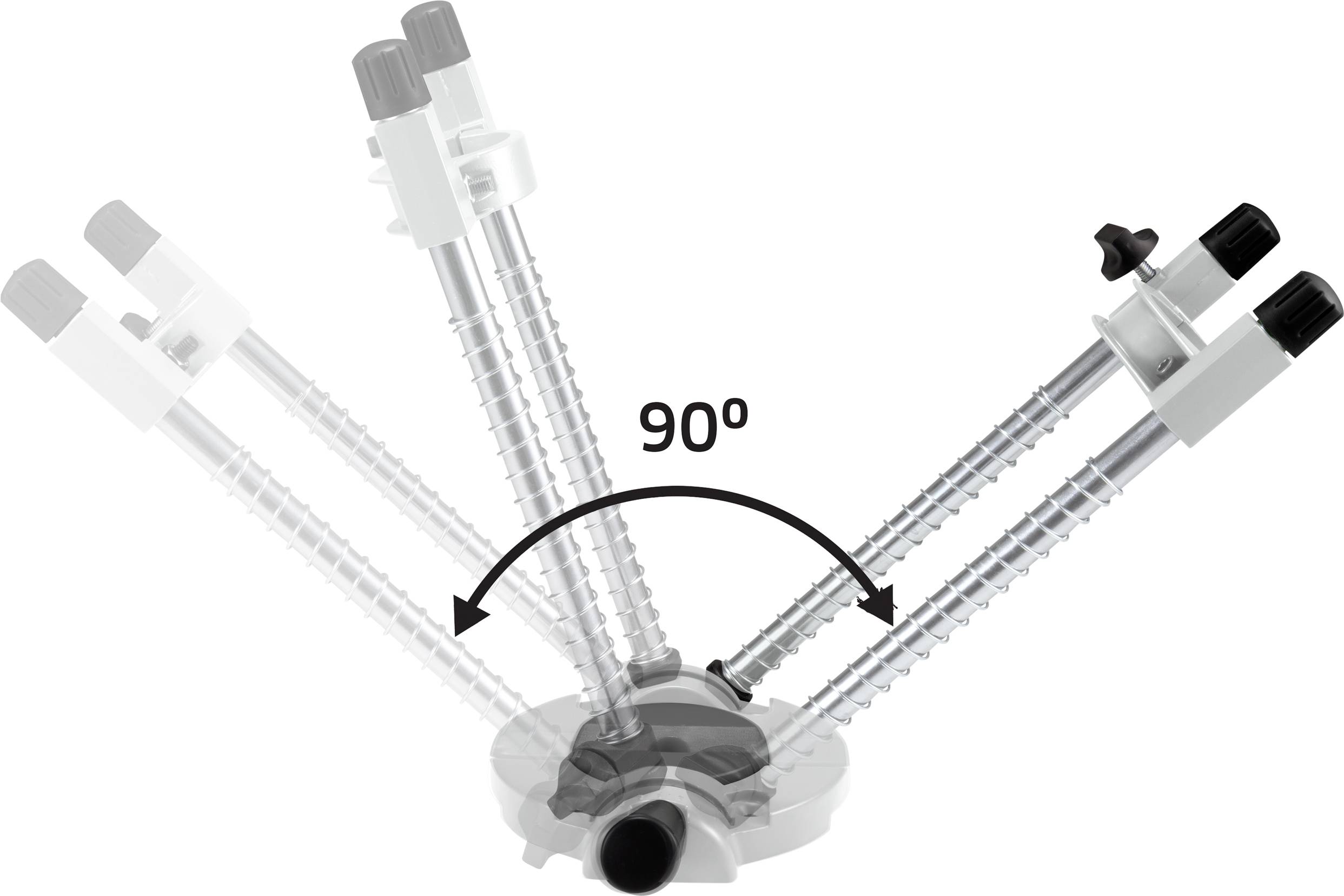 The image shows an adjustable stand mechanism with two adjustable arms. One of the arms is tilted 90 degrees to the right to demonstrate flexibility.