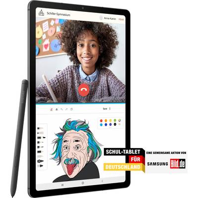 Tablet showing a smiling schoolgirl on a video call; drawing graphics underneath. Text: 'School Tablet for Germany'.