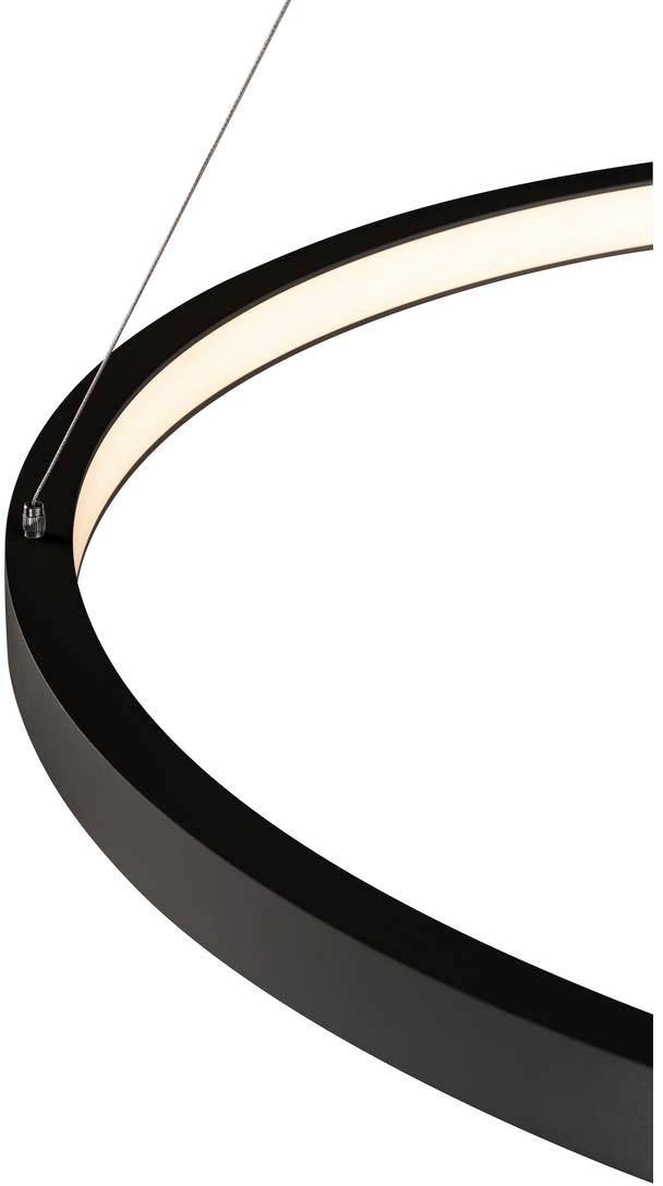 A modern, round ceiling light with a black rim and integrated LED lighting, suspended from a cable.