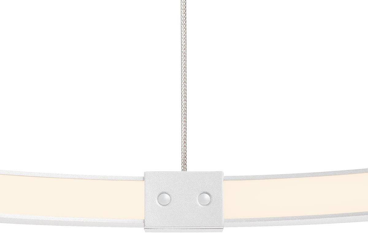 Suspended LED light with a circular, minimalist design and neutral colouration, affixed to a slender cable.