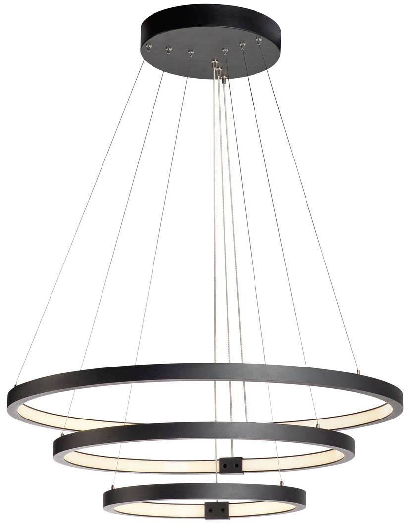 Modern black pendant light with three ring-shaped LED illuminated edges suspended at different heights.
