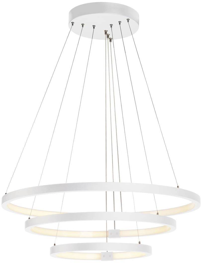 A contemporary, white ceiling light with three ring-shaped, illuminated elements suspended from thin cables.