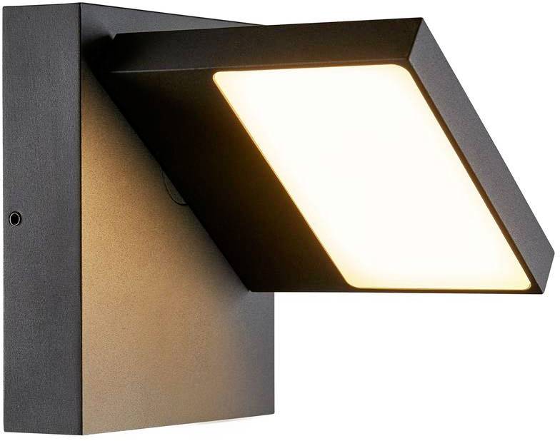 Modern black LED wall light with a rectangular light head mounted at an angle downwards on a square bracket.