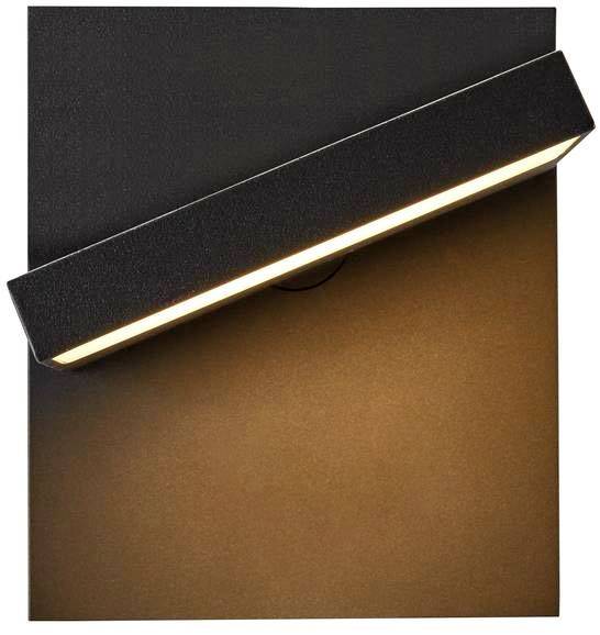 Black wall lamp with an angled, illuminated beam that radiates warm light downwards. Modern and minimalist design.